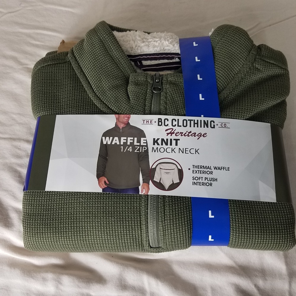 B.C. Clothing Waffle Sweater Mens L Green NWT 1/4 Zip Plush Lined Mock Thermal